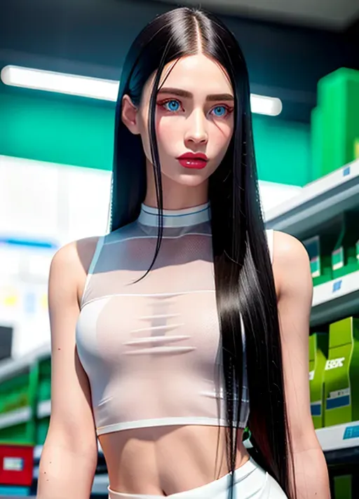 a highly detailed photo of, black hair, blue eyes, long hair, pale skin, ultra real skin texture, realistic skin, realistic hair, realistic eyes, realistic, (((ultra realistic))), 18 years old, ultra quality, ultra realistic skin,((perfect pretty face)), (accurate eyes), accurate mouth, ((accurate hair color)), ((detailed hair features)),((detailed facial features)),((detailed body features)), best quality, 8k resolution,beautiful face, perfect body, anorexic, big rounded eyes, perfect shadows, beautiful red lips, inocent face, highly detailed face, curved eyebrows, correct anatomy, 8k, insanely beautiful, ultrarealistic, five fingers per hand, ((detailed arms features)),(textured skin),((beautiful lips)),((highly detailed)),((8k resolution photo shot)), cinematic lighting, slim, skinny, small waist, barely legal, (photorealism:1.5),(photorealistic:1.4), RAW photo, High detail RAW color photo, a professional photo, hyperrealism, photography, cinestill 800, hyper-realistic lifelike texture, wearing a pleat micro skirt and a white see through sheer shirt inside a grocery store, shy, blushing, upskirt, full body in frame, sexy pose