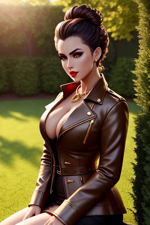 a illustration of,an devil,wearing jacket,sitting,in the garden,small breasts,five fingers per hand,updo hair,gorgeous face,beautiful lips,brown eyes,curved eyebrows,satisfaction,wearing golden ring,8k,pixiv,cinematic lighting,sharp focus,professional