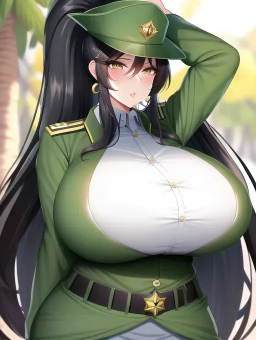 Gorgeous Arab woman, huge bimbo lips, enormous gigantic boobs, (gigantic boobs), black hair, ponytail, sexy, slim waist, olive-green colored park ranger uniform, best quality, ultra high resolution