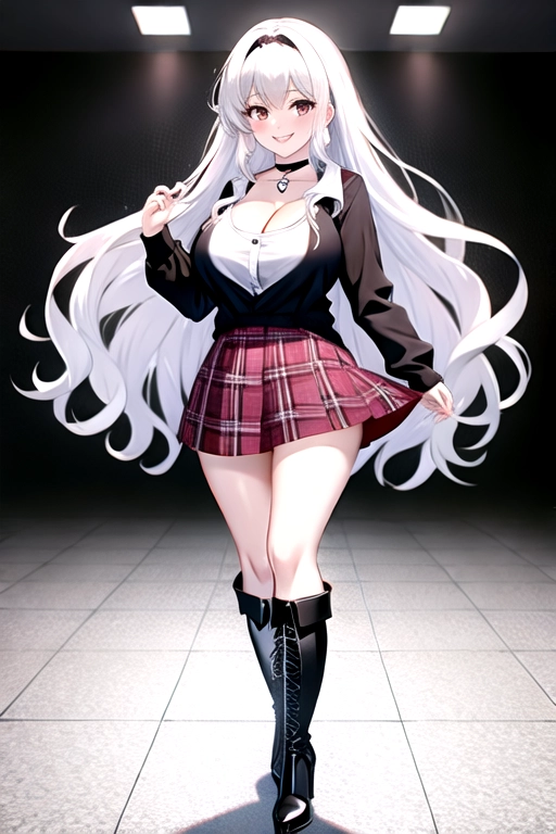 8k quality, brown eyes, pale white skin, white hair, giant breasts, cleavage, looking at viewer, pov, long hair, wavy hair, full body photo, standing in room, smiling, black shirt, pink plaid miniskirt, high heels, knee high boots, choker
