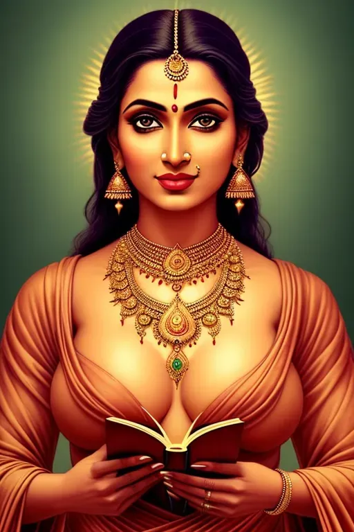 a woman holding a book in her hands, hindu aesthetic, youtube thumbnail, breasts covered and sfw, amazing detail. colored, bust with a long beautiful neck, atheism god, trending photo, beautiful shading, aesthetic, retro coloring, praise the omnissaiah, photo of the girl, chaste