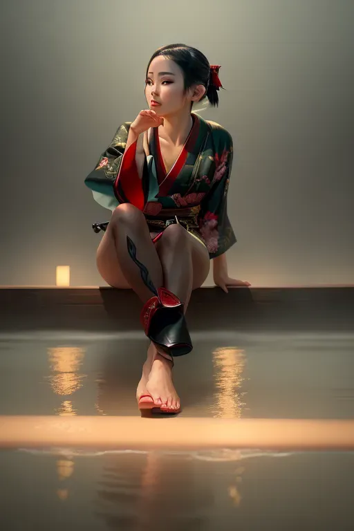 1girl , feudal japan , edo period , night , japanese , highres , short hair, dark hair, black hair, green eyes , almond shaped eyes , thin lips , parted lips, solo, ((masterpiece)),photo referenced::5, pale skin, tenchu, kunoichi, professional, ultra high res, kuugire, stealth, soft feminine facial features, button nose, 25 years old, seductive look, arrogant look, sinister look, detailed face, detailed eyes, dark kimono, feet, foot, toes, toe, underwear, panties,