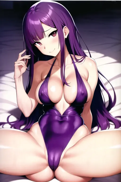 big boobs, wearing one-piece swimsuit, exposed tits, looking at the camera, front view, spreading legs, provocative face, only one person, satin bedding, purple hair, small ass, fucked from the back, waka misono