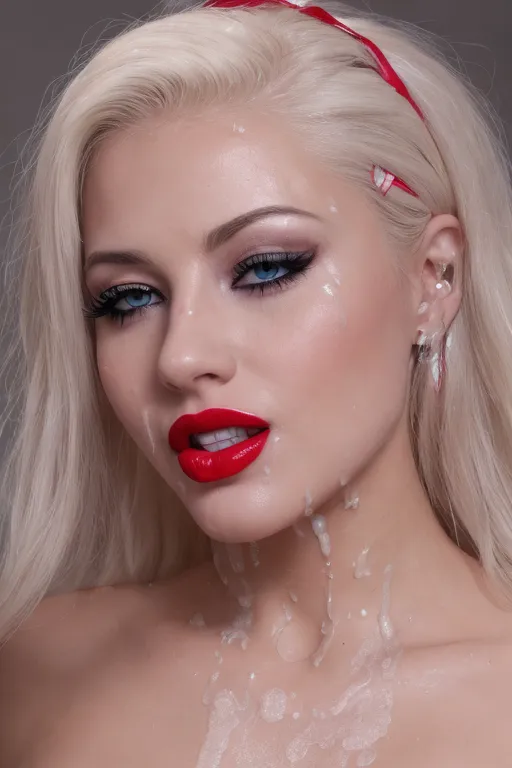 a 8k high resolution photo of beautiful platinum blonde female, ((dpmg_face_cum_v1)), ((a lot of cum on face)), (looking straight into the camera), (fake eyelashes), detailed female anatomical features, (heavy black eyeliner), (((red lipstick))), textured skin, (blue eyes),
