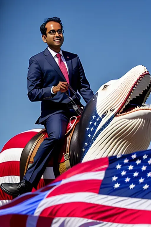 presidential candidate vivek ramaswamy with a machine gun, riding a whale holding an american flag, 8k resolution, (highly defined face), american flag on the whale, face clearly defined, accurate face, detailed face, high quality, ultra high resolution, 4k,