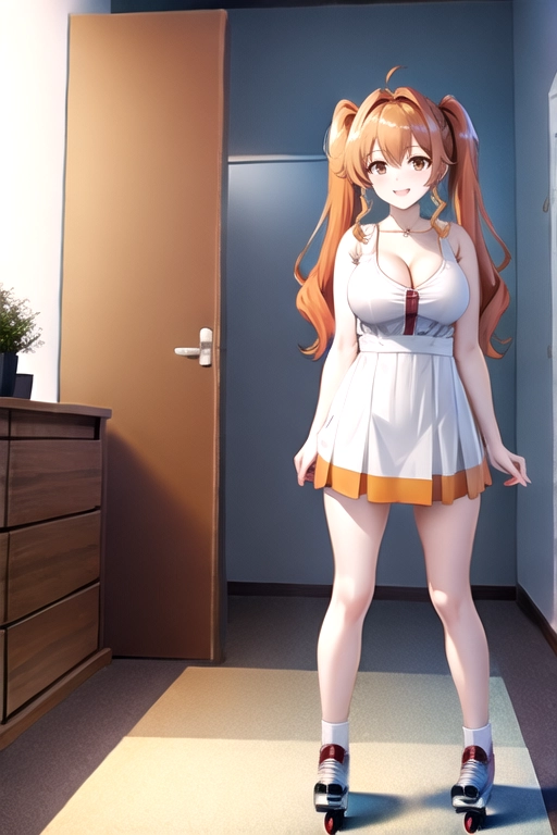 8k quality, brown eyes, pale white skin, orange hair, giant breasts, cleavage, looking at viewer, pov, long hair, wavy hair, standing in living room, minidress, roller skates, miniskirt, pigtails, full body photo, smiling