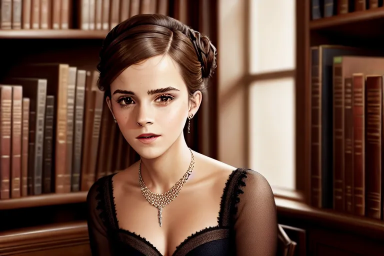 a oil painting of,emma watson,wearing frock,sitting,at the library,five fingers per hand,updo hair,gorgeous face,beautiful lips,brown eyes,curved eyebrows,smooth skin,romantic,wearing necklace,professional,editorial,sharp focus,surreal,ultra realistic