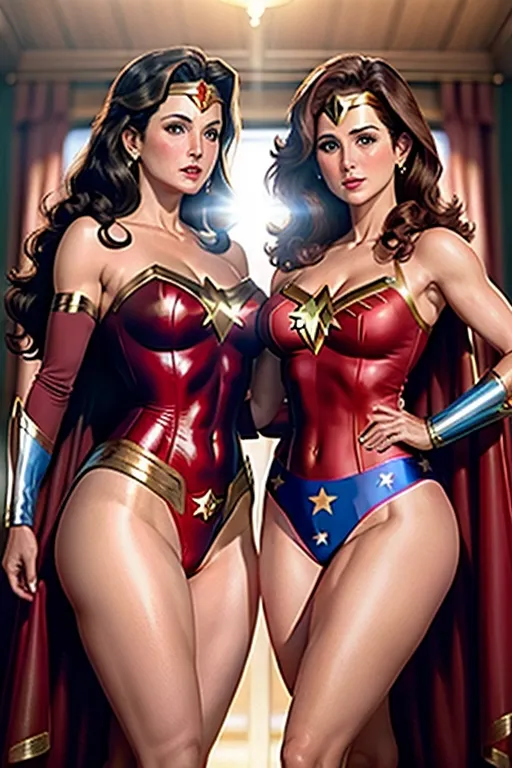Lynda Carter as Wonder Woman and Debra Winger as Wonder Girl, sexy leotard costumes, ((thighs visible)),