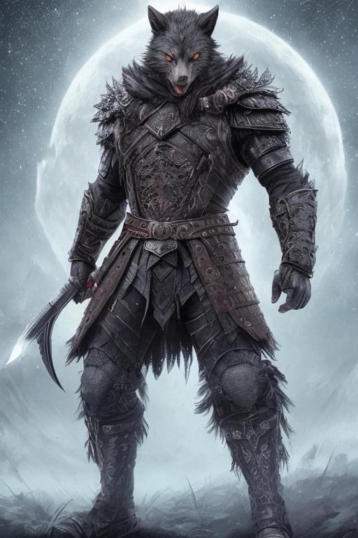 Intricate highly detailed full body shot of a medieval Werewolf warlord in his early thirties, yelling, with Black Fur, Glowing Red eyes, and scars on his face, wearing black wolf themed armor with silver accents, surrounded by an aura of blue lightning, and wielding a pair of black bladed viking swords in battle