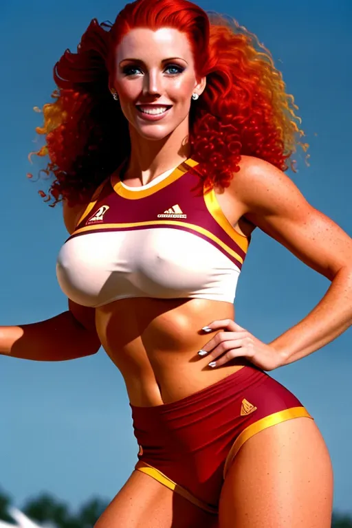 A auburn haired girl with freckles,red and gold cheerleader uniform, bare breasted,legs spread, no underwear