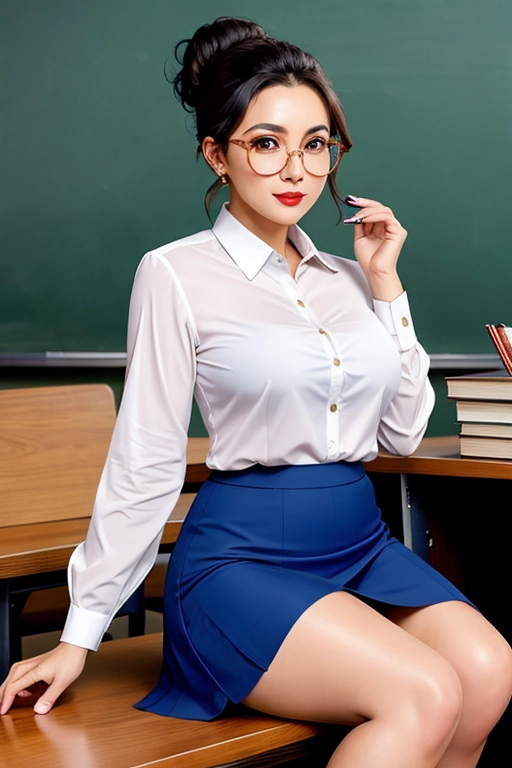 The beautiful Mrs Jean Hitchcock, aged 30, dark curly hair tied up in a bun as a strict but sexy teacher, wearing white blouse, blue mini-skirt, sitting on a desk, skirt raised to show panties, spectacles.