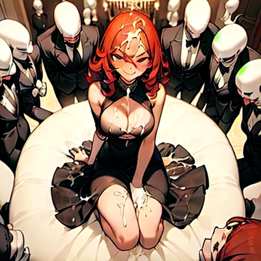 the debutante made her first appearance and the gentlemen could not resist her temptations,
view from above
(in a ballroom), ((((surrounded by elegant gentlemen with big cocks near the face of the girl)))), kneeling, view from above,
(((A lot of cum in the face)))(((drenched face in cum)))(((Bukkake)))
One girl, ((curly natural redhead)), ((kneeling in bed)), ((((smile mischievous)))), very slim body, medium natural tits, cum on cleavage, black tight fitting dress, elastic, black tennis dress,