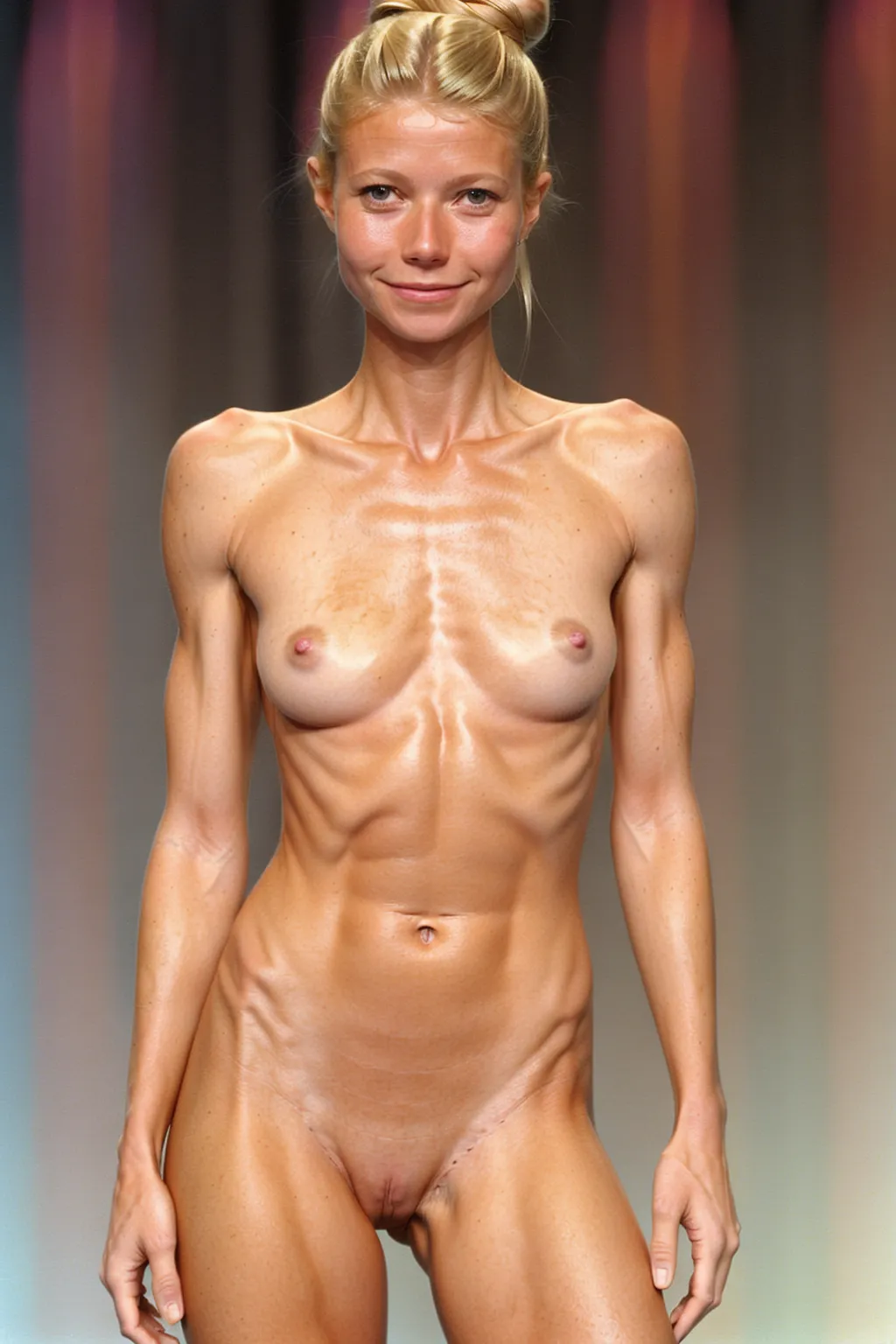 A very fit 18 year old fully naked Gwyneth Paltrow, look of pleasure on her face, flexing her abs, very low body fat, extremely lean body, perfect body, showing her vagina, standing on the set of a late night talk show in 1998, fully nude, spreading her legs, perfectly shaped breast, blonde hair, spreading her legs wide open, perfect tan, hair bun