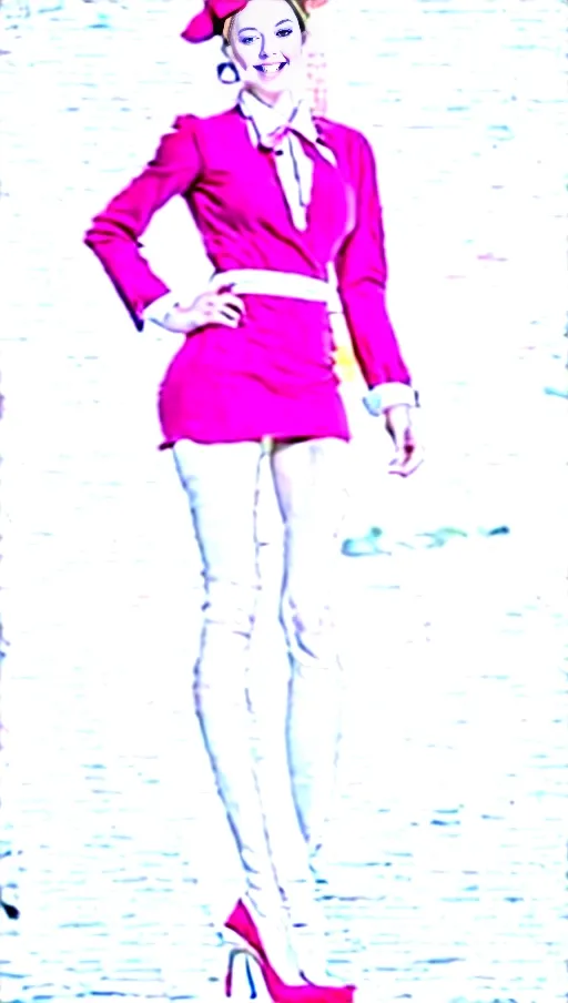 A very tall, gorgeous, slim and curvy, young happy teen flight attendant, walking outside and airplane, red uniform and cute flight attendant hat, frilly, stilettos, long curly blonde hair in a ponytail, (((very long longest legs))), makeup, opulence, earrings, tanned, red neck ribbon, fit and toned