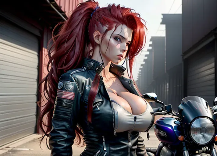 a high resolution photo of a gorgeous woman, looking at the viewer. high quality, best quality, high resolution, zombie apocalypse, apocalypse, apocalypse setting, environment, dim lighting, mood lighting, dark lighting, garage setting, garage, (arms behind back), (arms reaching behind back), (hands behind back), (hands reaching behind back), caucasian, pale skin, fair skin, long hair, wild haircut, wild hairstyle, red hair, detailed skin, (thick thighs), (muscular legs), narrow waist, slender waist, (cleavage), (survivor), (biker outfit), (motorcyclist outfit), (biker jacket), (cleavage overflowing), muscular, (scared), (huge breasts), (massive breasts), (enormous breasts), (gigantic breasts), (face out of shot), (face hidden from view), (body shot), (body focus)