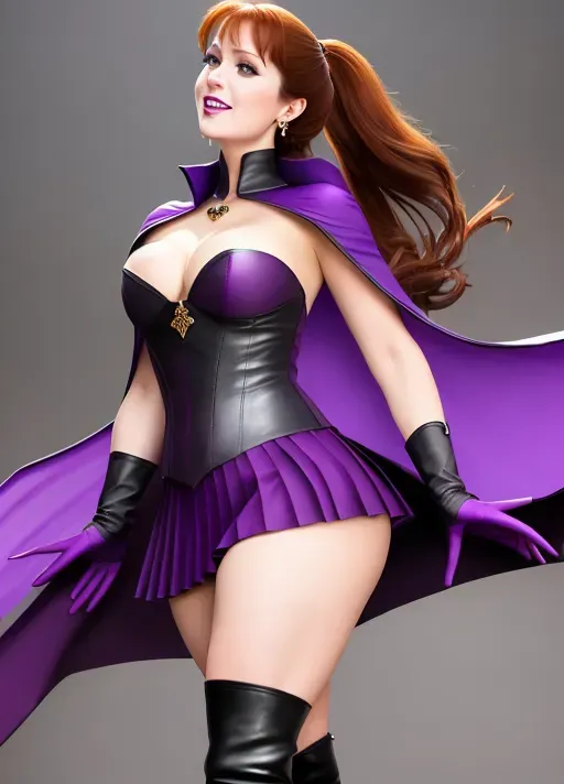 low angle, medium shot,
beautiful, Sweet innocent beautiful, good girl, goth makeup, Anna of Arendelle, age 30 long red-Auburn hair in a big ponytail, sweet smile, large round natural blue eyes, Nordic, black leather clothing with dark purple highlight, bare naked open exposed shoulders, gold hoop earrings, dark purple collar, long dark purple gloves, dark purple mini-Corsette, dark purple pleated micro-mini-skirt, dark purple thigh-high boots, long pointed canine teeth, bare mid-riff, long black hooded cape