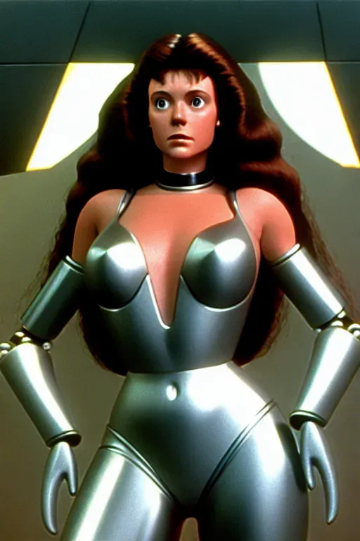 alluring highly detailed beautiful girl with long brunette hair, space opera, chained by metal collar, gigantic bust, barefoot, very clear, dvd screengrab, from 1987 science fiction film, slavegirls from beyond infinity, realistic, 3D render, leave the face of the model alone, clean lines, no blurring, no extra lines no extra arms or legs, no cybernetics,