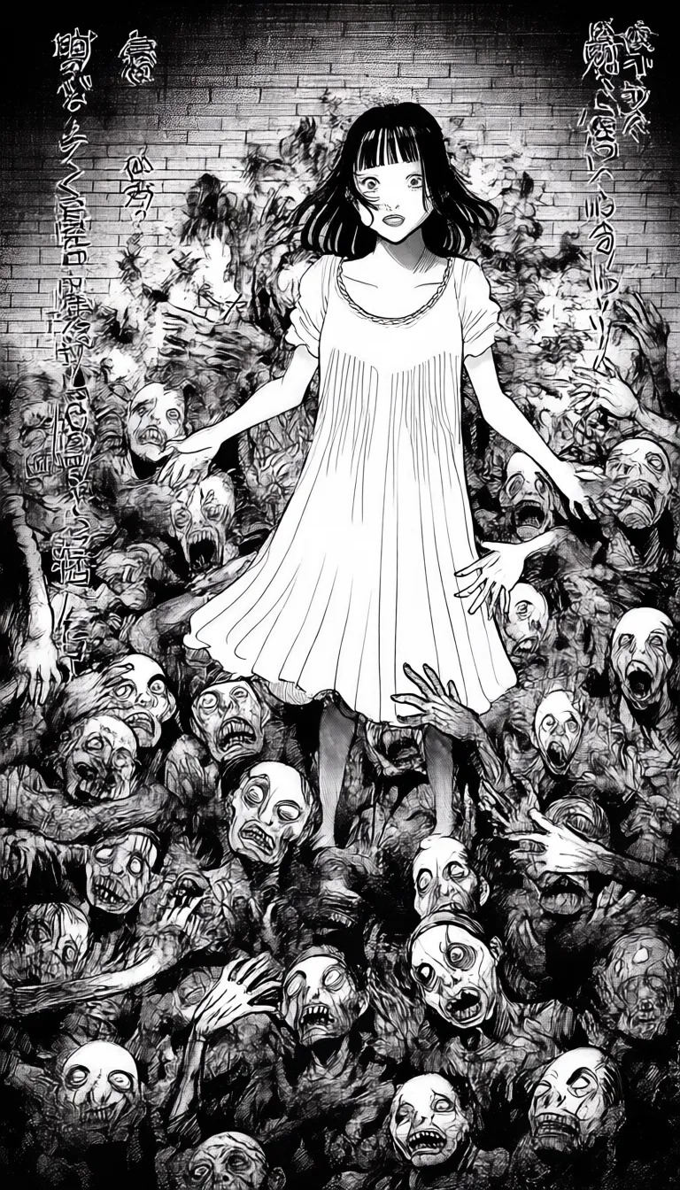 A young woman wearing a white dress in a flowing gown surrounded by an eerie collection of grotesque, distorted faces and hands emerging from the darkness. These entities are reaching and grasping at the figure, creating a sense of tension and horror. The background features a brick-like texture, enhancing the ominous atmosphere. Dynamic Japanese text sound effects are visible on the side, intensifying the scene’s unsettling mood.