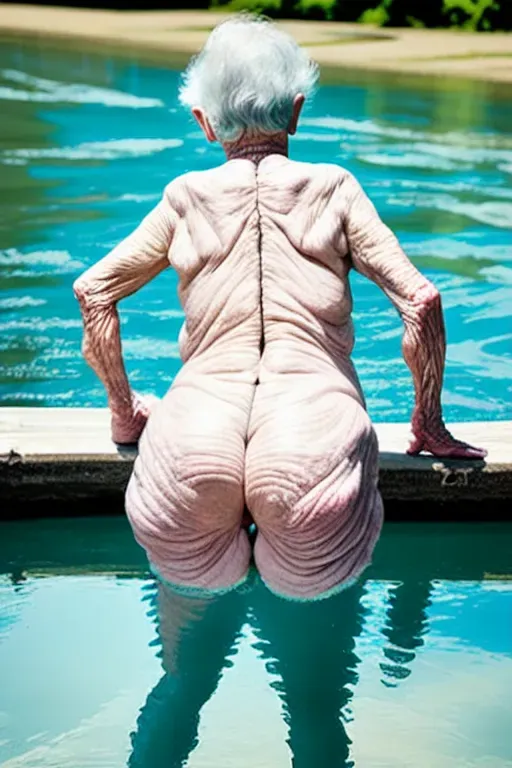 (great grandmother),(85 years old),(naked),(saggy wrinkled skin),(on river),(bikini falling off),(swimming),(head down),(ass up),(showing ass hole)
