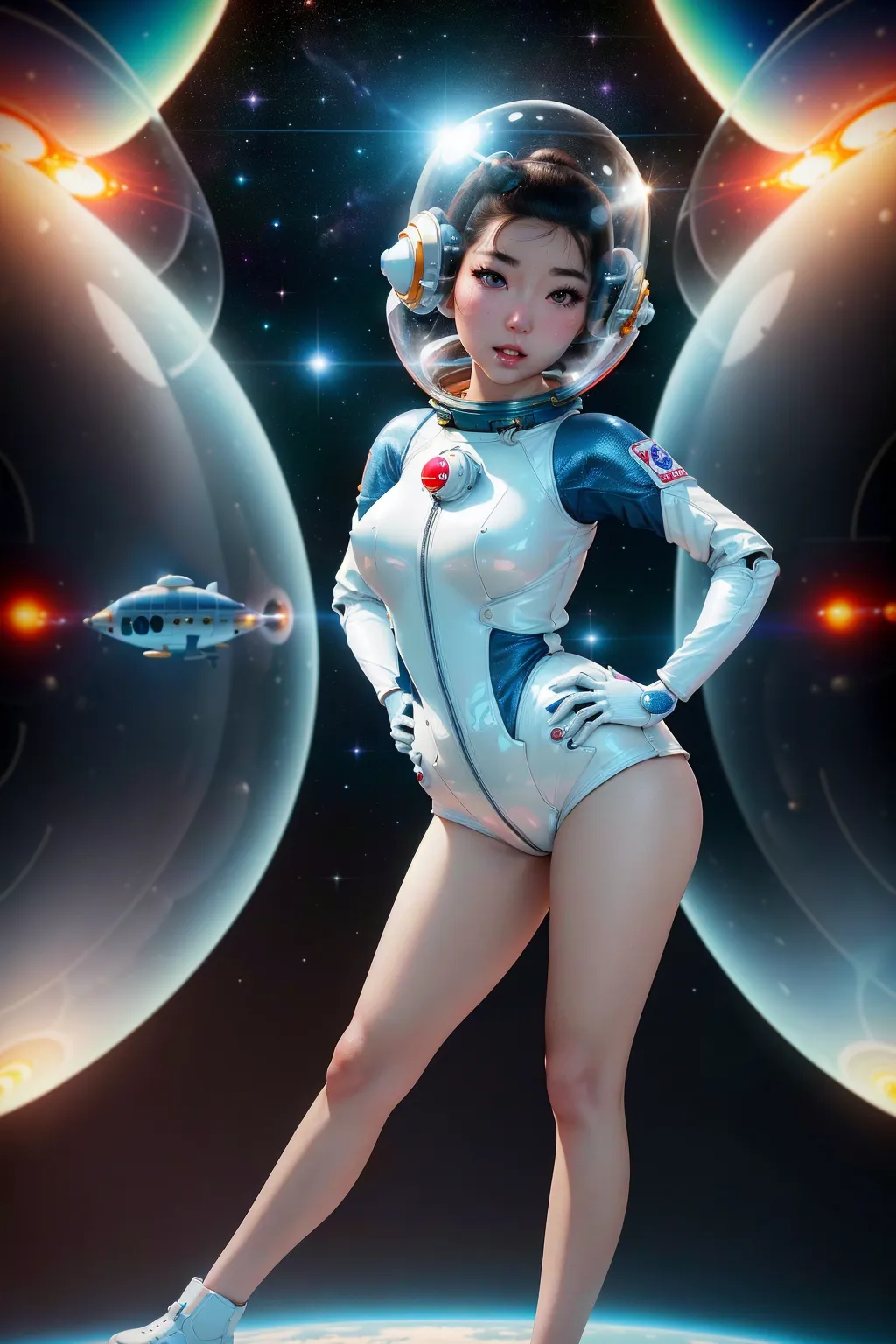 Full body photo of gorgeous East Asian Japanese woman with perfect hourglass figure, milky white skin, wearing a 1950s retro-futuristic spacesuit that only covers her torso, holding a 1950s retro-futuristic ray gun, (((wearing a 1950s retro-futuristic fishbowl space helmet))), helmet is devoid of attachments, walking on a desolate moon, ((((arms are always bare)))), ((((legs are always bare)))), delicate features, accurate face, masterpiece, perfect lighting, 8k quality, skin texture, realistic hair, realistic skin, realistic eyes, detailed eyes, dilated pupils, realistic, uncensored, very realistic, ultra definition, anatomically correct, smooth skin, soft features, winged eyeliner, 8k quality, ultra quality, very realistic, nsfw, dilated pupils, blushing cheeks, photorealistic, detailed eyes, 5 fingers on delicate hands, (accurate eyes), accurate teeth, accurate mouth, professional lighting, <lora:dpmg_add_detail:0>, (((hands are on her hips)))