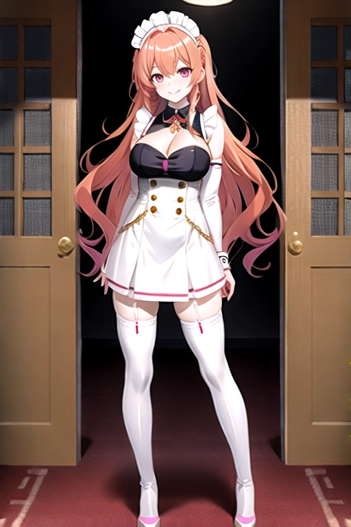 8k quality, pink eyes, pale white skin, orange hair, giant breasts, cleavage, looking at viewer, pov, long hair, wavy hair, full body photo, standing in living room, smiling, maid outfit, miniskirt, asian, thigh high boots, high heels