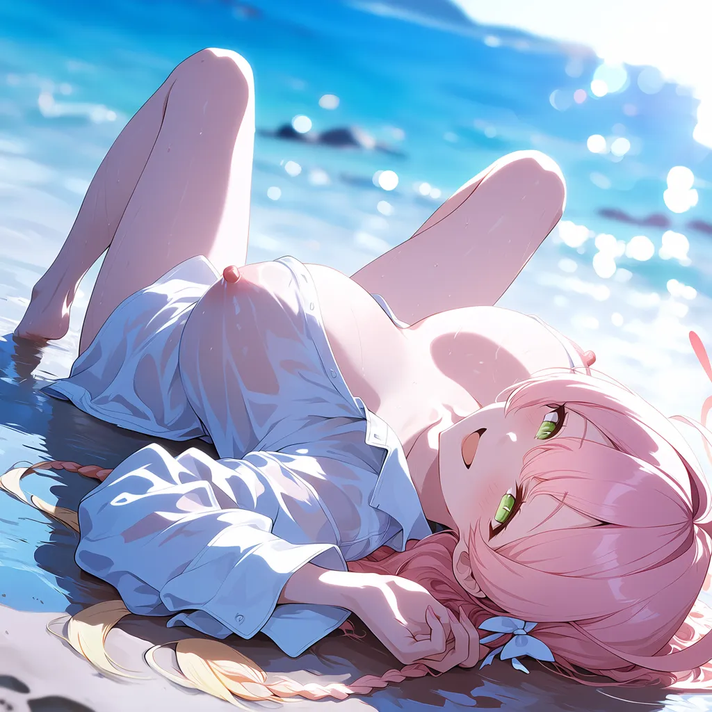 masterpiece, best quality, score_7, safe, anime coloring, anime screenshot,
1girl, hanako \(blue archive\), wet see-through naked shirt, huge breasts, breasts apart, sagging breasts, (covered nipples:0.5), full body,
An anime girl with eyes smiling lies on the beach.
diagonal angle, blurry background, blurry foreground, photo background, lens flare, backlighting