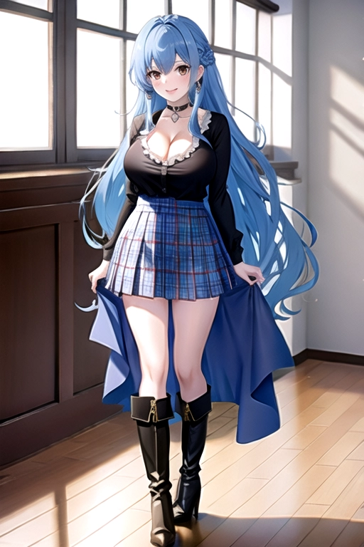 8k quality, brown eyes, pale white skin, blue hair, giant breasts, cleavage, looking at viewer, pov, long hair, wavy hair, full body photo, standing in room, smiling, black shirt, blue plaid miniskirt, high heels, knee high boots, choker