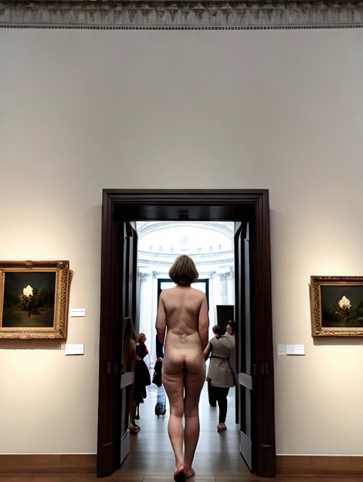 naked mature middle aged lady is casual as a naked tour guide at an art museum
