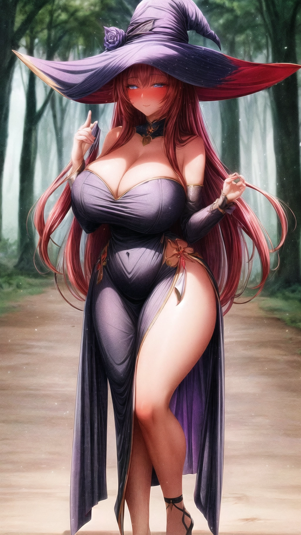 Masterpiece, high quality, 8K resolution, full body image, perfect lighting, perfect shadows, 1girl, female focus, dark forest background,
A sexy witch with unbelievably massive boobs and long red hair, beautiful face, long black dress, thick thighs, very wide hips, skinny waist, huge round butt, curvaceous body, very busty, shy, blushing breasts, arm sleeves, afraid, afraid face, exposed cleavage, side boob, under boob, extreme eye details, beautiful eyes, perfect eyes, magical eyes, face details, extremely submissive personality, submissive pose, witch hat, slightly torn clothes, <lora:dpmg_add_detail:1.3>, <lora:red_tint_cheeks:1>