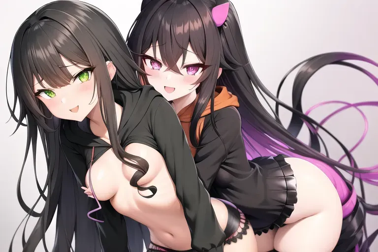 Hentai art two girls sex coffee shop black long curly brown hair pink hoodie and black skirt and green eyes long black hair and orange hoodie and black shorts cute very very small breast purple eyes sex lesbian sex cumming