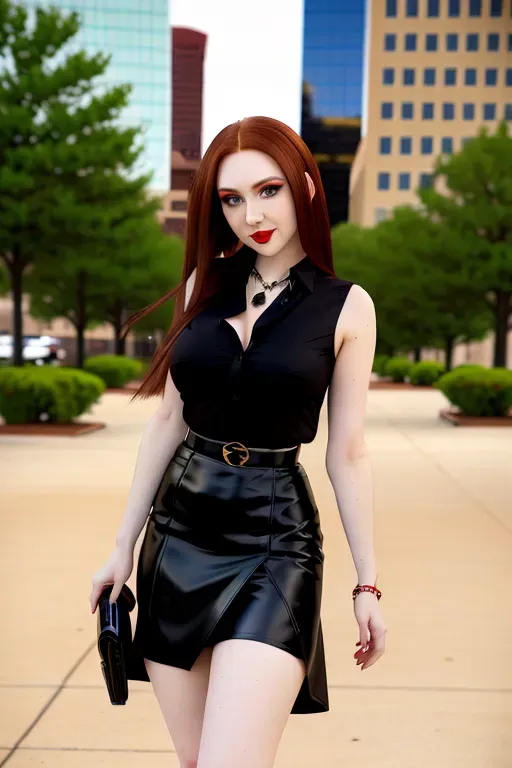 full body, chestnut hair, green eyes, short girl, red miniskirt, black high heels, looking at viewer, long hair, pale skin, black necklace, black shirt, 24 years old, big breasts, cute face, pov, wavy hair, city environment, Oklahoma City, wide eyes, erotic, skirt tug