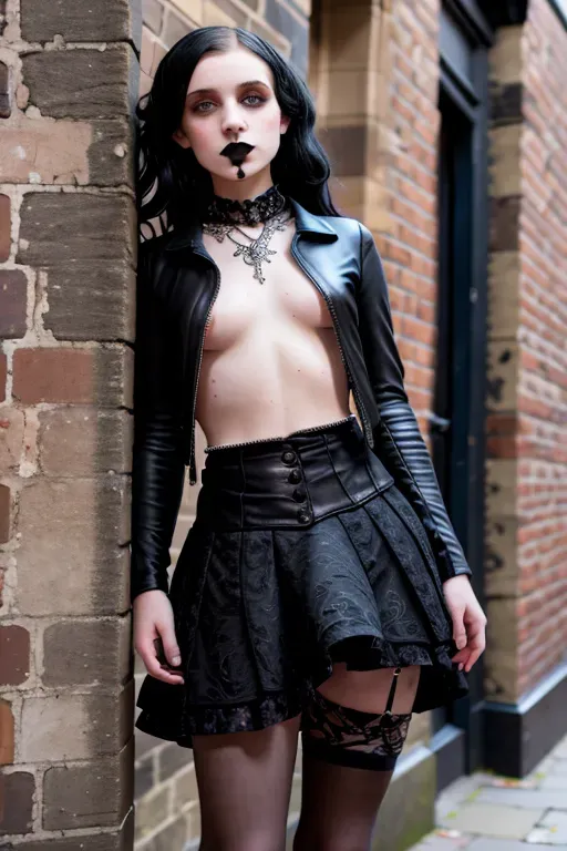 Abandoned girl in goth clothes,1girl, standing, torn skirt, jewelry, finely detailed background,York,the shambles, night, amazingly intricate background, best quality, <lora:dpmg_middle_finger:1>, pussy exposing, nsfw, cum, cum dripping out of pussy, public