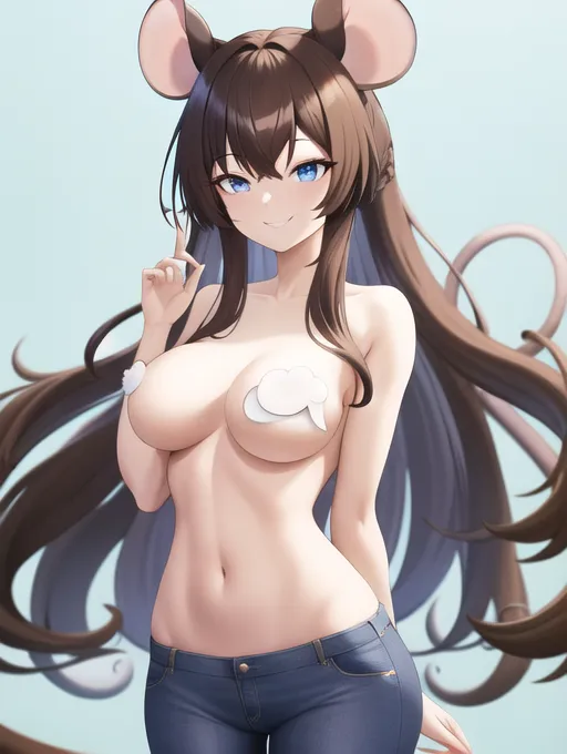 best quality, high details, mouse girl, mouse ears, mouse tail, blue eyes, brown hair, long hair, wavey hair, medium sized chest, perfect figure, cute pose, smile, hotpants, pulling up shirt, showing boobs, naked boobs, topless