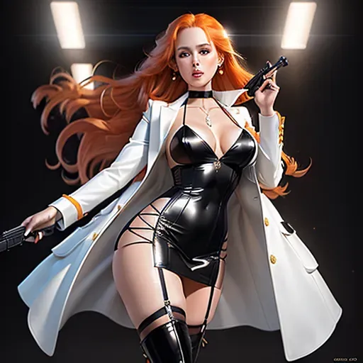 A high-quality erotic hyper-realistic photo of a short woman with long orange hair, hazel eyes, f-cup breasts, pale skin, wearing a black minidress, a white tailcoat, silver earrings, a black choker and black thigh-high high heeled boots holding a rifle, full-body