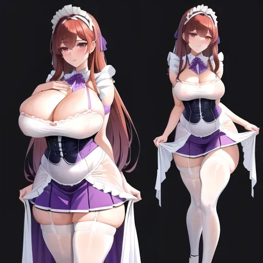 Silken cascades of auburn hair, Porcelain complexion with a natural healthy glow, Eyes resembling deep shimmering amethysts, Graceful and poised posture, Timelessly elegant aura, maid uniform, Practical and alluring maid outfit, Short skirt revealing legs modestly, Tight-fitting top with a hint of cleavage, Modest yet dignified appearance, Matching ribbon and bow accessories, Touch of femininity in the overall look, Tastefully tantalizing lingerie underneath, Generous and pillowy breasts, Soft and feminine curves, Hint of athleticism from daily exercise routine, Generous and pillowy breasts, Trim and defined waist, Long and supple legs,