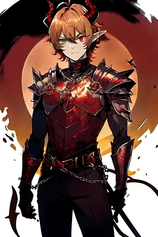 best quality, masterpiece, solo, solo guy male tiefling, bright golden brown
hair, heterochromia, green eye, red eye, determined look in eyes, golden brown color hair, curled horns devil, hell armor, holding battleaxe, shield, chrome shiny battleaxe, androgynous haircut, imp demon , dark paladin, chain main shirt, battle axe wielder, warrior, warrior of hell, demon tiefling, hell red power, curled horns, illrigger, armored, 1 male tiefling only, demon, flat chest, posh , leather armor, well groomed, elf ears , jackal imp creature , horns, armored jacket, solo, sharp jagged tail, humanoid, masterpiece, colorful shirt, short length hairstyle single strand of hair curls on top of head, antenna hairstyle imp demon, ,cute look in eyes, imp demon ,red horns, heterochromia, masterpiece anime style