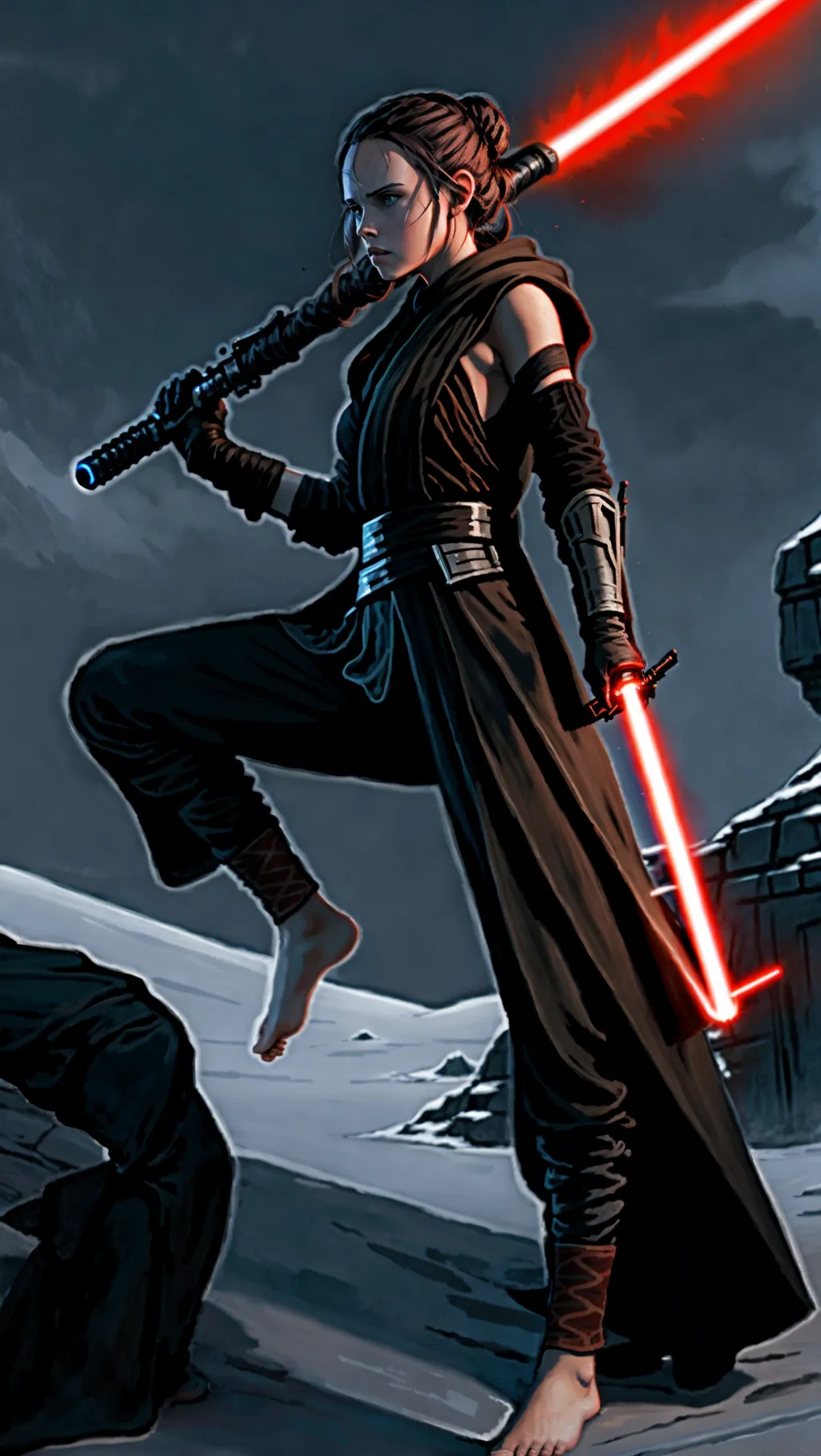 tan barefoot Sith Rey Skywalker wearing black Sith outfit while using a lightsaber to fight on Hoth, barefoot, (long dark Sith warrior pants: 1.3), (gloves: 1.2),