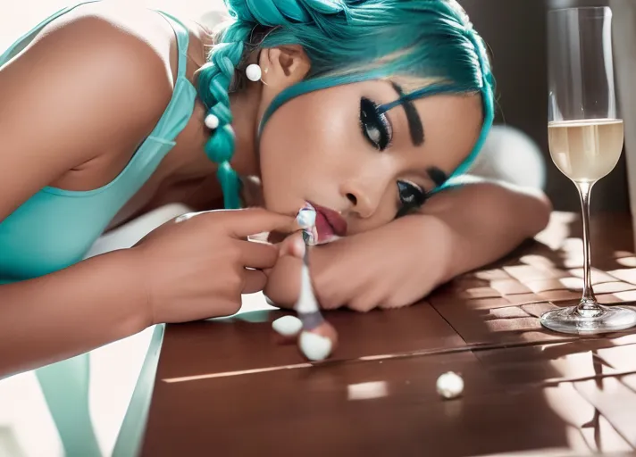 (Masterpiece) 8k resolution, hyper photo realistic, Nyane lebajoa action figure,
(Highly detailed face), ((skinny)),
((slim body)), ((small breast)), petite slender figure, sexy, long eyelashes,
Mint blue colored hair, long twin braids, glitter on her body, detailed mint blue lace boy shorts, crop top shirt, white thigh high socks, straw in nostril, smelling a straw on a plate, glass of champagne, looking down, perfect lighting, chocolate complexion,
(((Porcelain Ball jointed doll limbs))), <lora:doll_likeness:0.1>