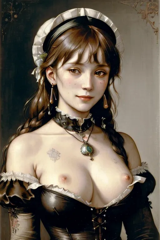 (((line weight, portrait of a whore, tattered, detailed face))), nipple flash, smile, masterpiece, highly detailed, elegant, intricate, splash art, by John Harris and Gwen John and Caspar David Friedrich and Alphonse Mucha and Hans Holbein and Lucas Cranach and Jan van Eyck and Camille Pissarro,