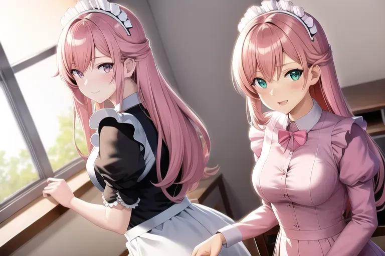 photograph, 20 year old, an anime girl, insanely beautiful, maid clothes, pink, study room, day time, natural light, surprised, 8k, professional