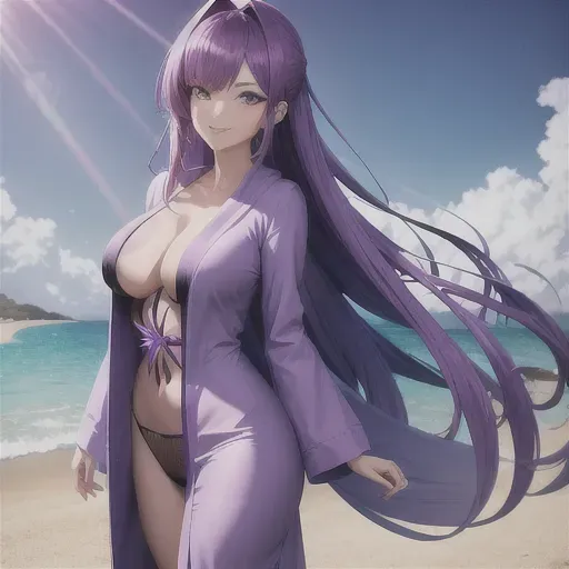 digital art, 25 year old, an anime girl, insanely beautiful, bathrobe, purple, beach, daytime, studio light, happy, 8k, professional