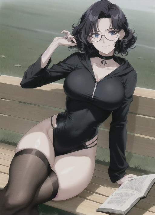 ((90s anime)), (masterpiece), absurdres, smooth, soft lines, soft edges, perfect edges, (soft lighting), (soft glow), perfect anatomy, detailed background, hair with great details, perfect eyes, perfect face, ((calm expression)), rounded face,
Dark lipstick, smiling, full body view, goth woman sitting on park bench reading book,
((Black hair)), ((short curly hair)), pale skin, ((short stature)), ((medium breasts)), blue eyes, black eye liner, hoodie, wide hips, narrow waist, stockings, glasses, choker, thick thighs,