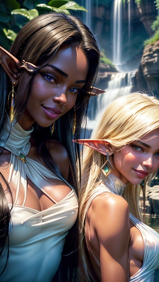 fantasy setting in the style of Larry Elmore, (face portrait of two Elf women of different ethnicity:1.4), (first woman is a black-skinned Elf with long platina-blonde hair wearing a white silk outfit:1.4), (second woman is a fair-skinned Elf with short black hair wearing a blue outfit:1.4), stunningly sexy and beautiful, (looking like Denise Richards and Riley Steele:1.4), skimpy silk dress and long transparant silk cape, slender waist with toned abs, (erotic pose with arched back:1.2), slim body with small perky breasts, erect nipples, ckeavage, golden earrings and bracelets with precious gems, clear and strong colours lit up by sunrays, (2 women in portrait:1.6),
(upper body portrait of faces and breasts only:1.4), clear blue eyes, (naughty smiles:1.2), a pond with a waterfall in a luxurious marble garden,
(highly realistic portrait:1.1), (photorealism:1.1), (masterpiece:1.1), <lora:dpmg_add_detail:1.2>,
cinematic lightning, artificial lighning, best quality, highest quality, highest resolution, 8k, Perfect composition, masterpiece, sharp focus, perfect anatomy,