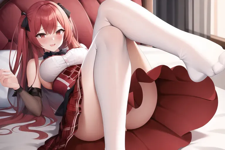 image of a girl getting fucked on a bed, red skirt, upskirt, no panties, cum inside, dripping cum, one male, one female, ultra quality, doggystyle,