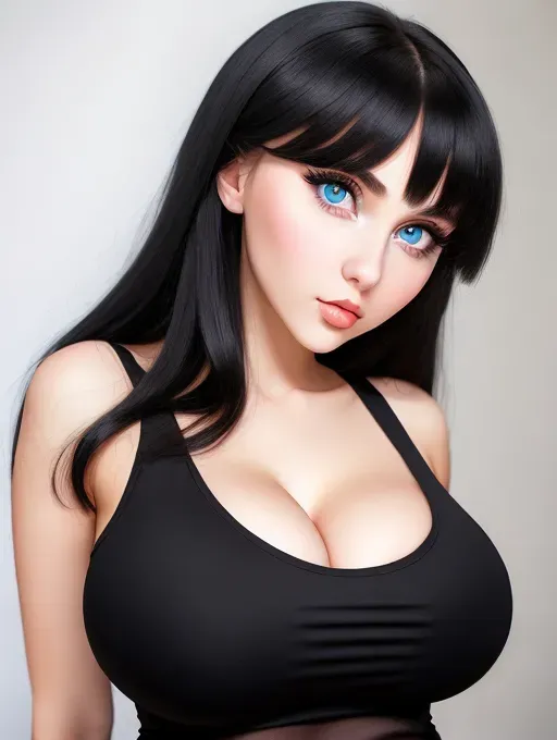 Gorgeous young Russian woman, photo cute attractive young face, large wide doe eyes, light colored eyes, big bimbo lips, huge gigantic boobs, (gigantic tits), raven-black hair, sexy, thin, slim waist, extremely full overflowing tight t-shirt, photorealistic, best quality, ultra high resolution