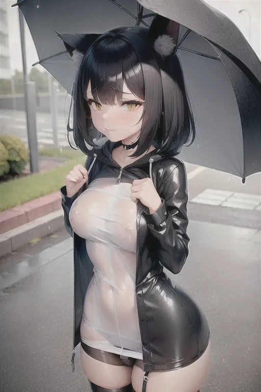 A cat girl, furry, anthropomorphic, in the rain, wet clothes, transparent clothes, transparent, picking up a lost dog, frowning, wet, can see genitalia through clothes, can see breasts through clothes, embarrassed, accidental, fully clothed