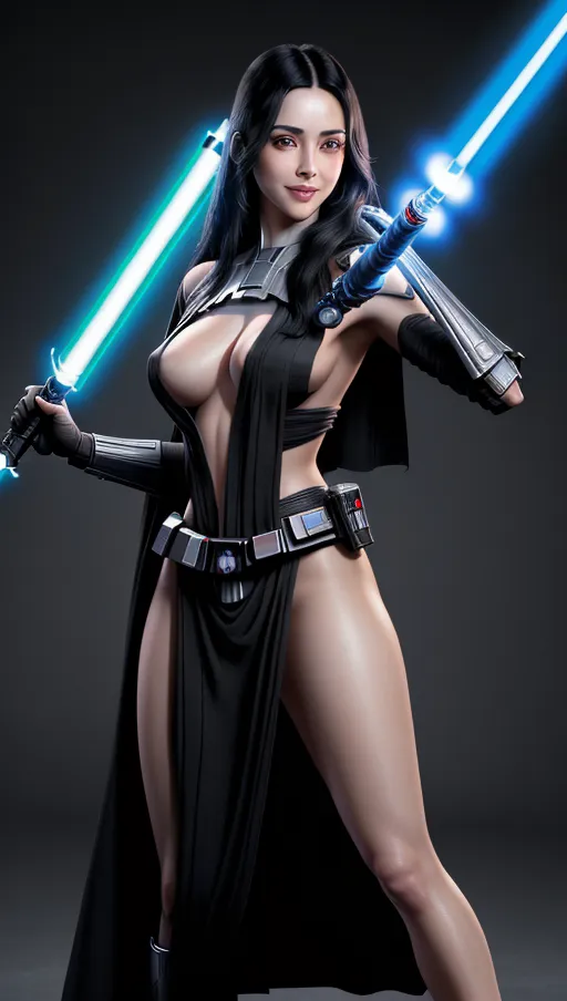 A photograph of, female jedi, beautiful, detailed lips, detailed eyes, long straight black hair, symmetrical face, realistic face high resolution face, full body, medium breasts, perfect hands, high resolution, masterpiece, smiling, ultra realistic, HD wallpaper, ((bare breasts)), lightsaber,