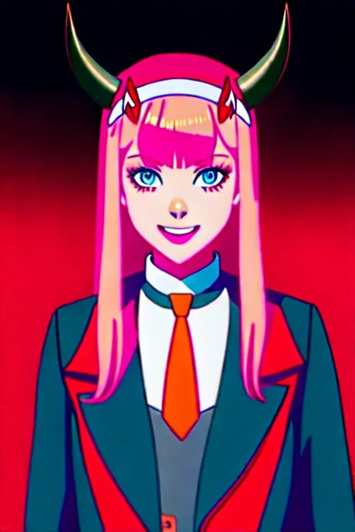 very detailed background, masterpiece, best quality, 1girl, solo, ((masterpiece, best quality)),best aesthetic, zero two (darling in the franxx), darling in the franxx, 1girl, ascot, bangs, blue background, green eyes, hairband, horns, long hair, long sleeves, looking at viewer, red jacket, closed jacket, military uniform, oni horns, orange ascot, pink hair, red horns, cyberpunk background, city at night, vibrant nightlife, smile, solo, walking, uniform, white hairband, ((masterpiece)), <lora:dpmg_zerotwo:1>