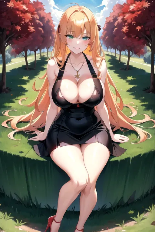 full body, strawberry blonde hair, green eyes, short girl, black high heels, looking at viewer, long hair, pale skin, silver necklace, 24 years old, giant breasts, cute face, pov, wavy hair, wide eyes, erotic, skirt tug, slim body, sitting in park, smiling, cleavage, 44F breasts, red minidress, serving drinks, red miniskirt