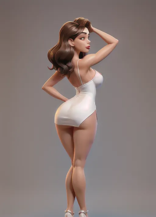 Back view, full body arms in air,nude Sexy middle aged woman looking to the side, both arms are up, hands are up, wild messy mid length dark brown hair, big tits, big nipples, big areola, head bent forward looking down, lips puckered for kiss, sexy facial expression, wearing sexy white dress with a slit up the side, slutty, red lipstick, small hoop earrings,short white dress with side slit, showing cleavage,slit up side of dress, looking to the side